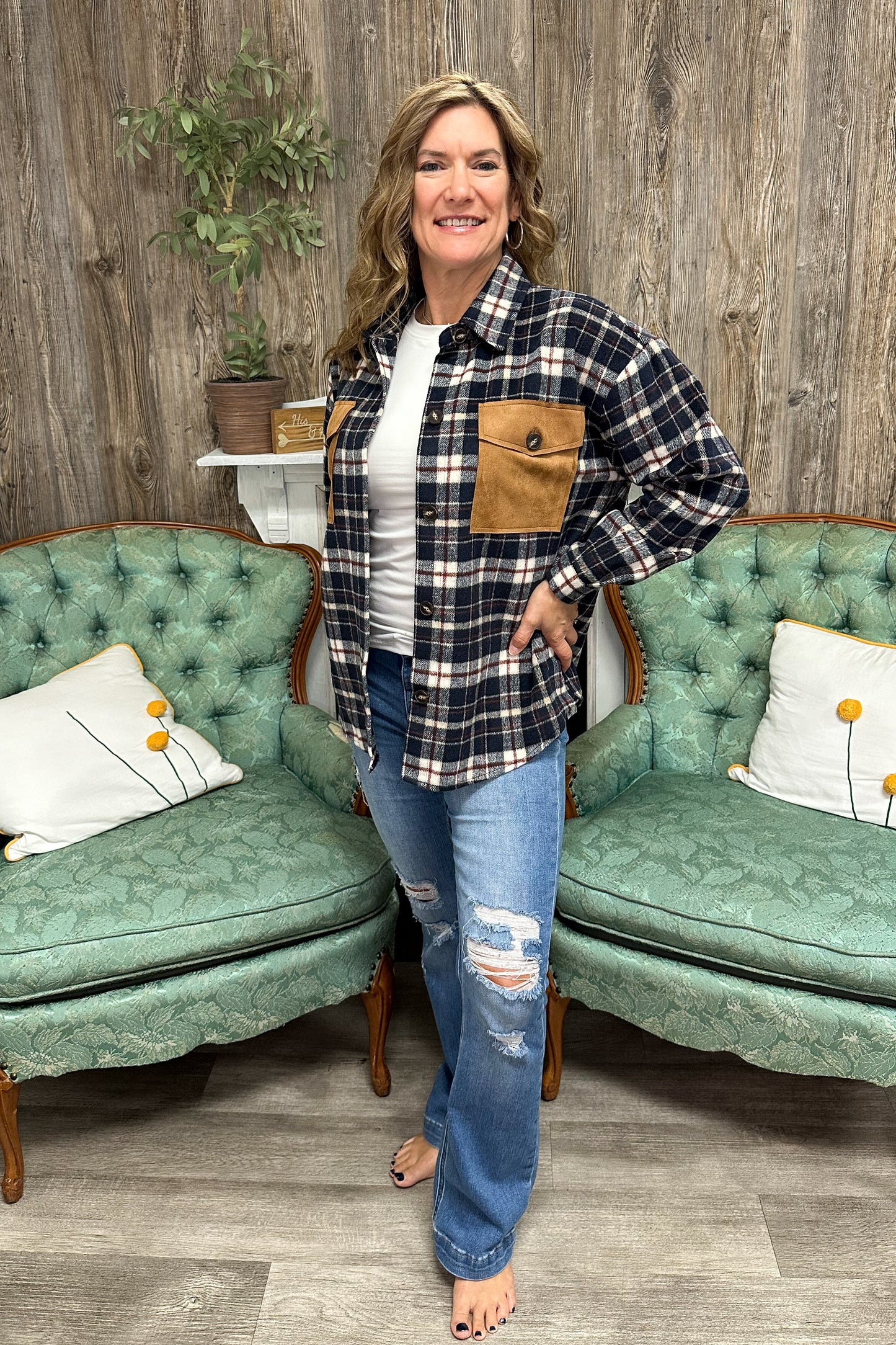 Campfires Nights Plaid Top with Suede Pocket Shacket