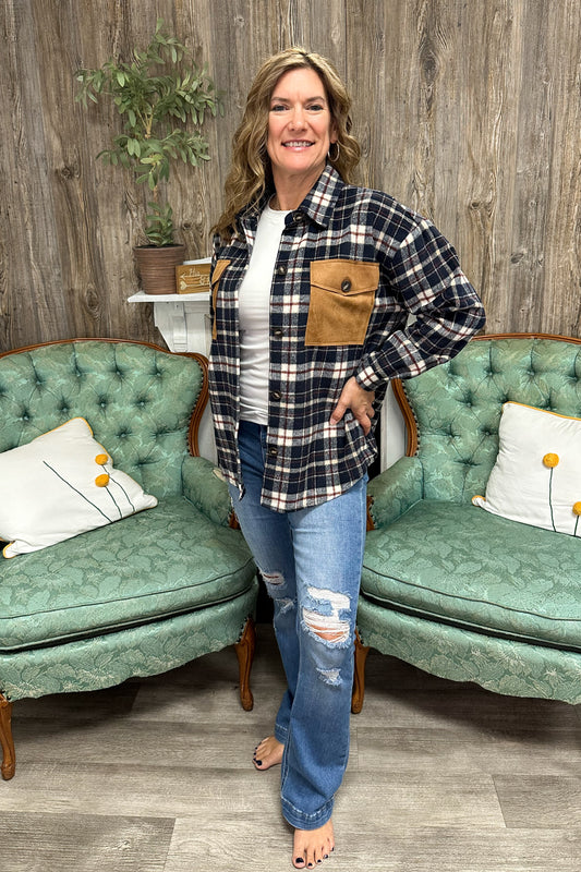 Campfires Nights Plaid Top with Suede Pocket Shacket