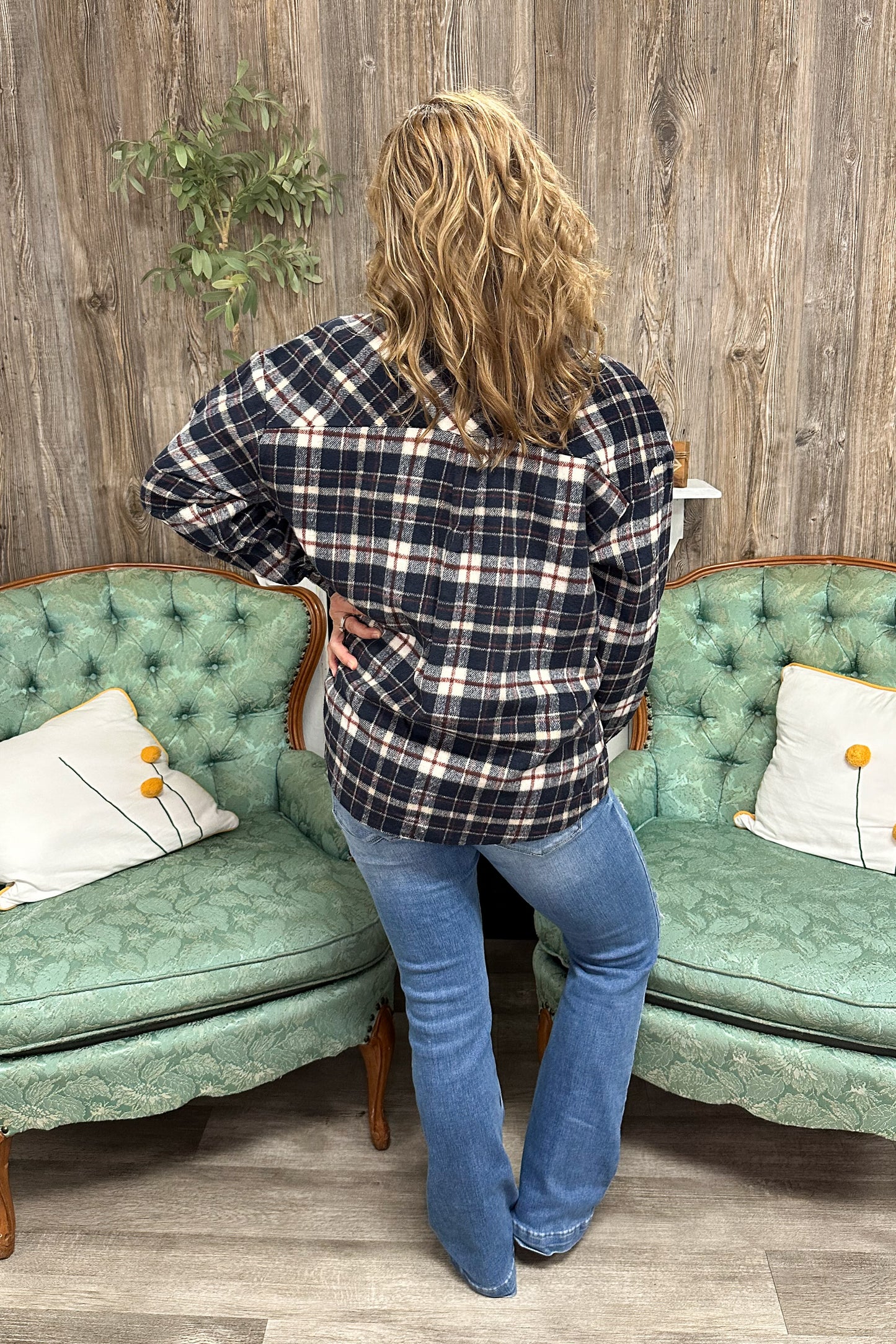 Campfires Nights Plaid Top with Suede Pocket Shacket