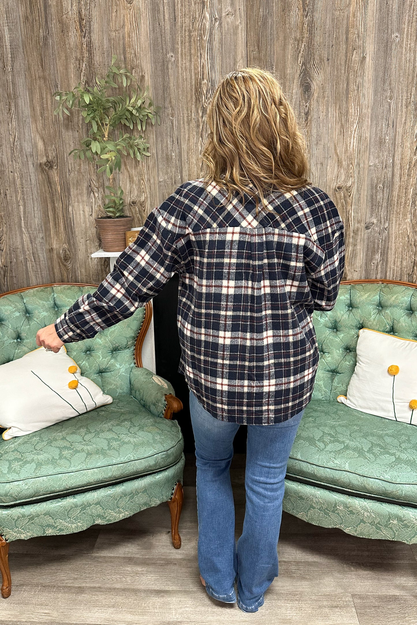 Campfires Nights Plaid Top with Suede Pocket Shacket